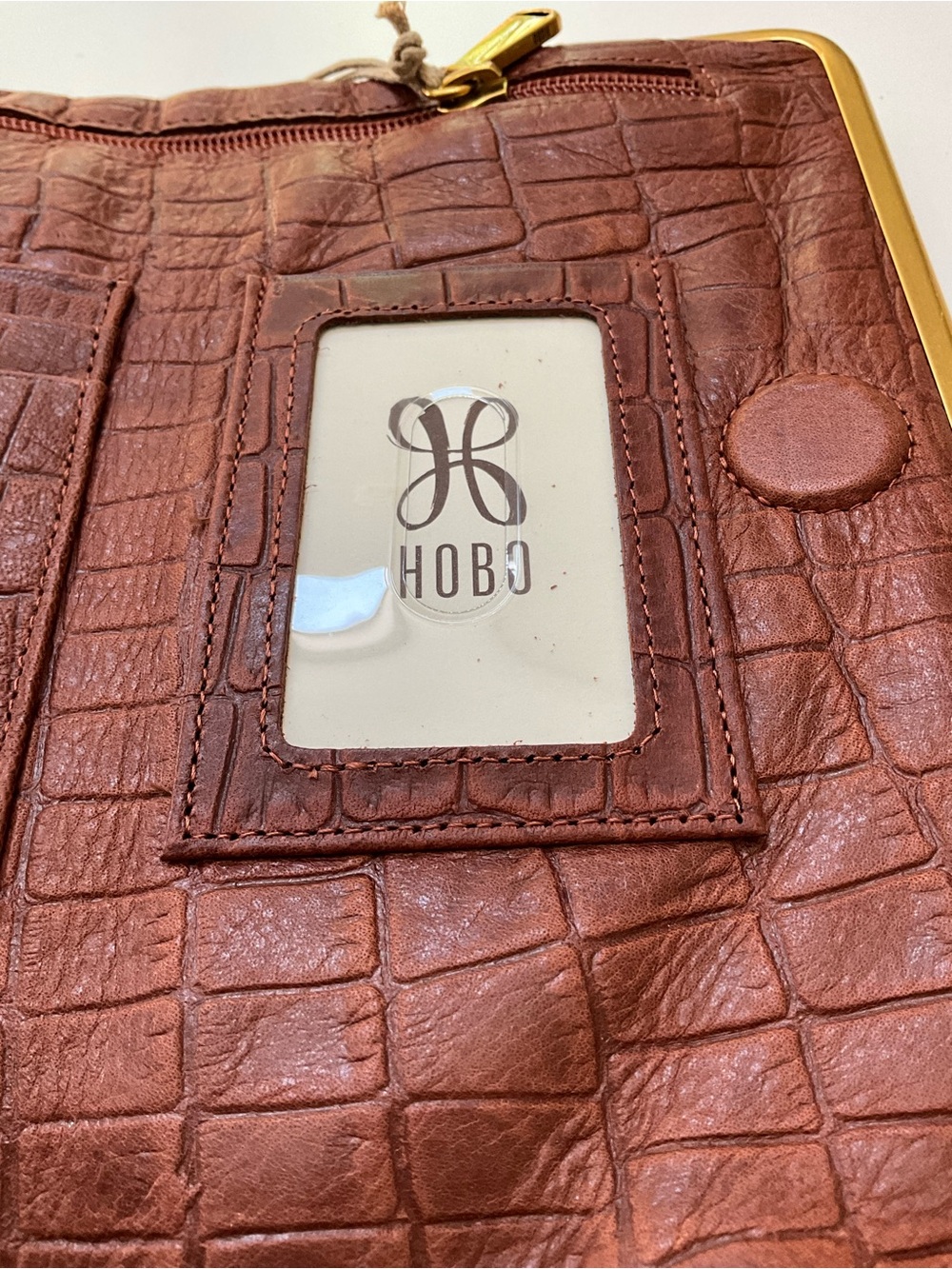 HOBO Lauren Brown Croc Embossed Leather Kiss Lock Frame Clutch Wallet NWT - Picture 9 of 12